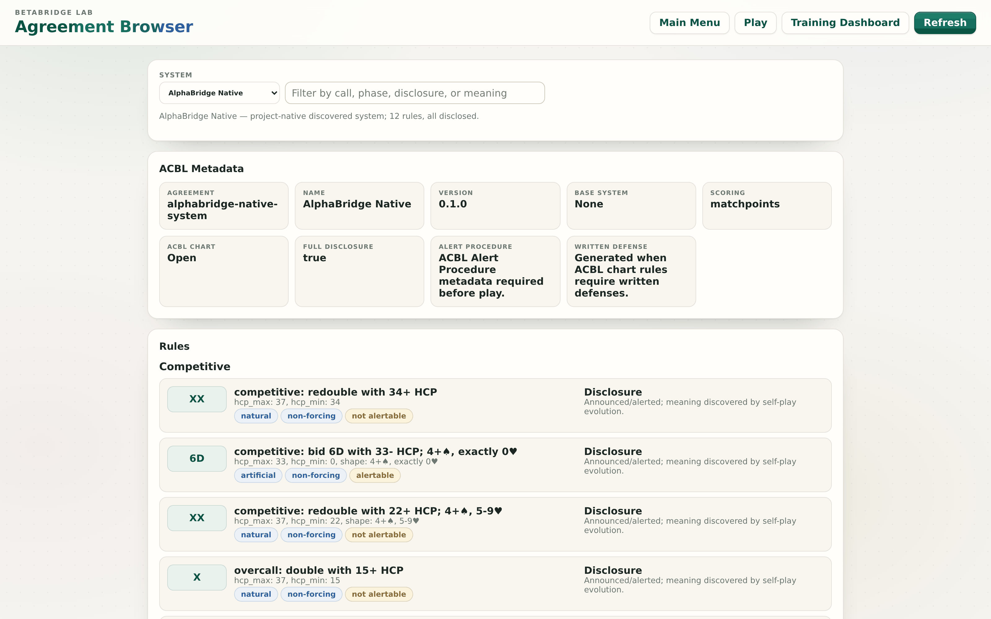 The agreement browser showing AlphaBridge Native, the self-discovered system, with ACBL metadata and decoded bidding rules