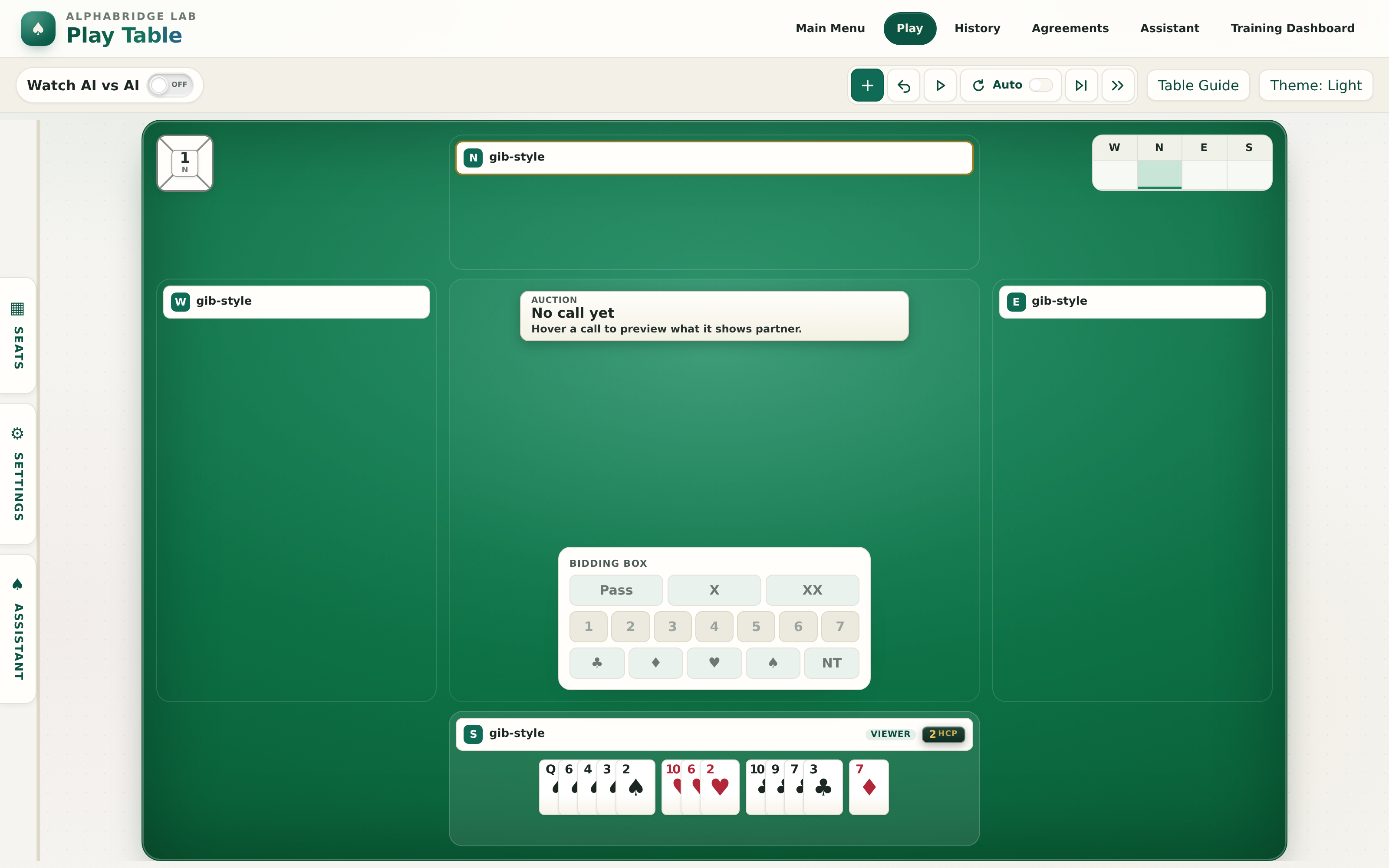 A fresh board during the auction: seat knowledge panels, legal call buttons, and the bidding grid